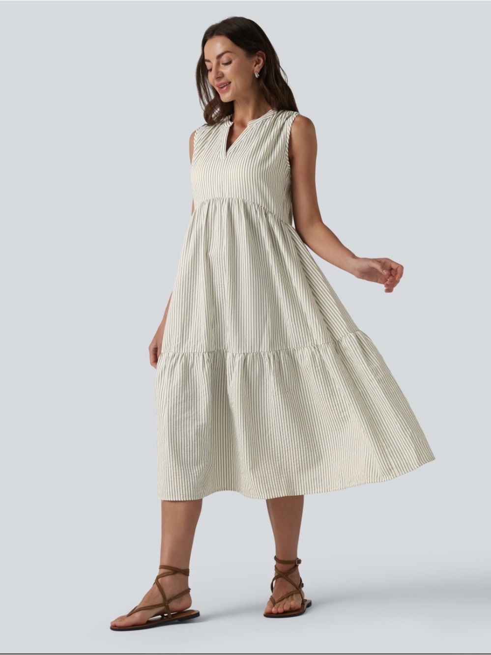 Striped Sleeveless V-Neck Tiered Midi Dress in Ivory and Green